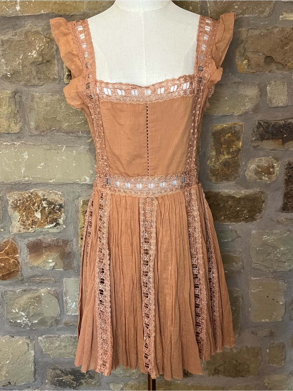 Free People NWT Camel Lace Trim Mini Dress Size L Boho Cottagecore Festival